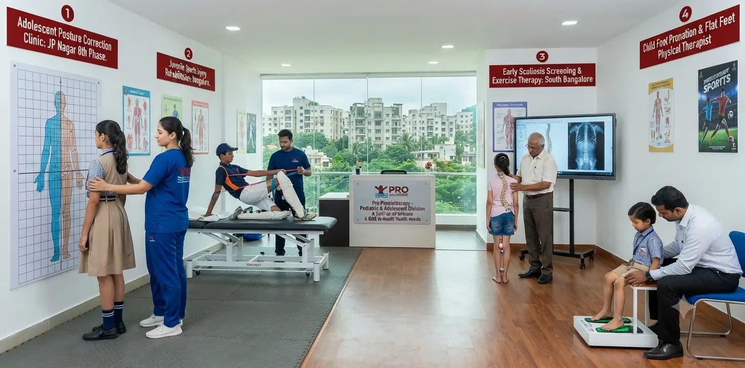 Pro Physiotherapy Pediatric & Adolescent Clinic JP Nagar 8th Phase — Scoliosis, Sports, Flat Feet Adolescent posture correction clinic JP Nagar 8th Phase — Pro Physiotherapy pediatric and adolescent division treating juvenile sports injury rehabilitation, early scoliosis screening and exercise therapy South Bangalore, child foot pronation and flat feet physical therapist, Osgood-Schlatter and school bag posture correction, sessions from ₹600 with insurance receipt