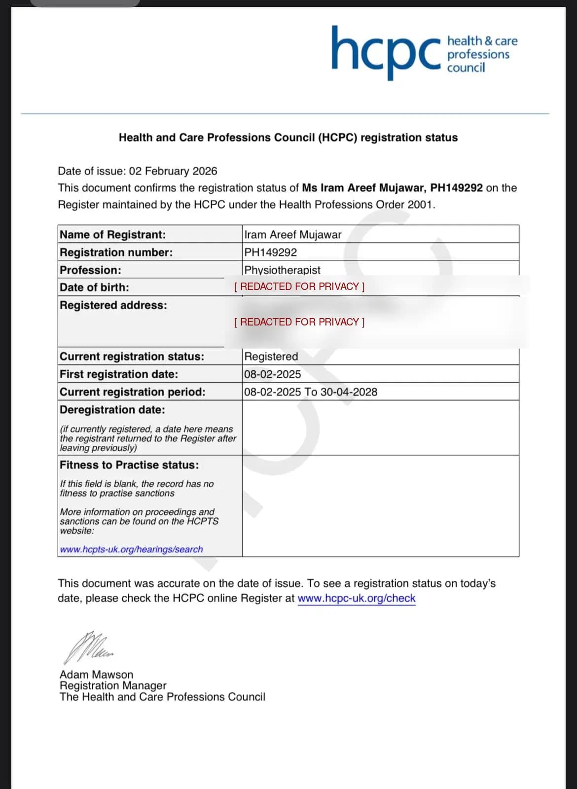 UK Health and Care Professions Council registration certificate for HCPC-registered physiotherapist in Bangalore Iram Areef Mujawar MPT, registration number PH149292 valid until 30 April 2028