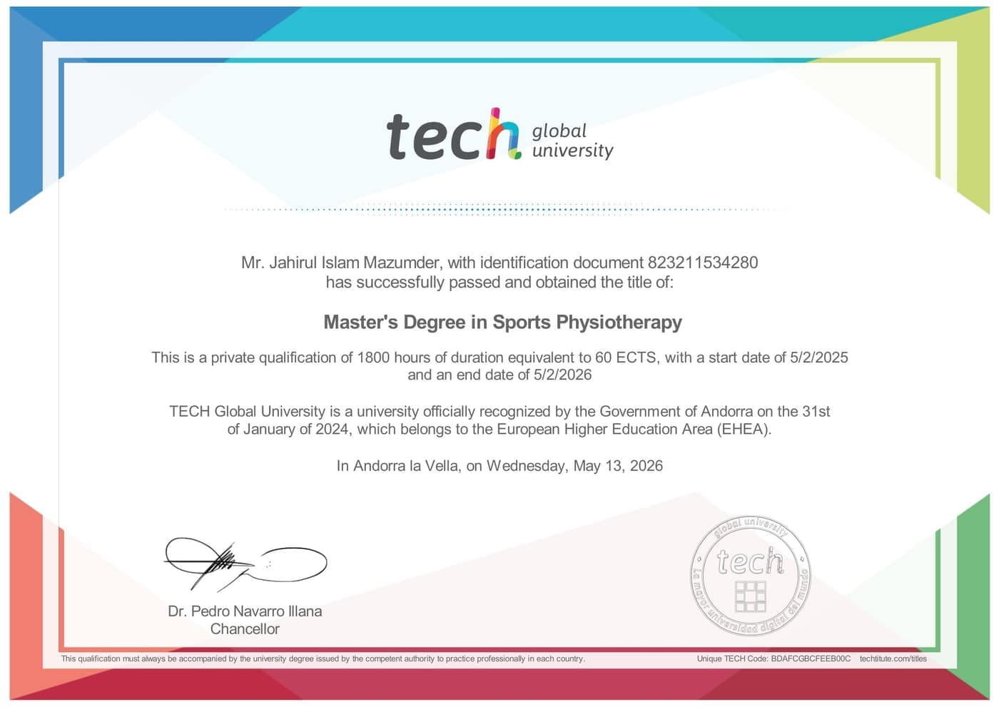 Master's Degree in Sports Physiotherapy in Bangalore — European Higher Education Area (EHEA) accredited Master's Degree certificate from TECH Global University awarded to Dr J Mazumdar PT, senior sports physiotherapist at Pro Physiotherapy JP Nagar 8th Phase Bengaluru