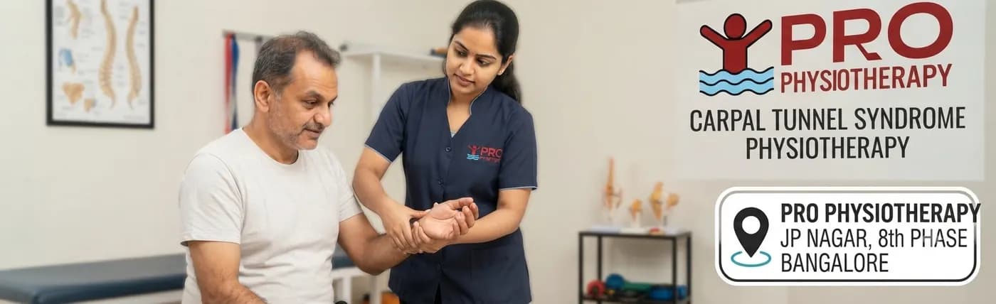 Carpal tunnel syndrome physiotherapy at Pro Physiotherapy JP Nagar 8th Phase Bangalore — female MPT physiotherapist performing median-nerve mobilisation and wrist assessment on a male IT professional patient with numbness and tingling