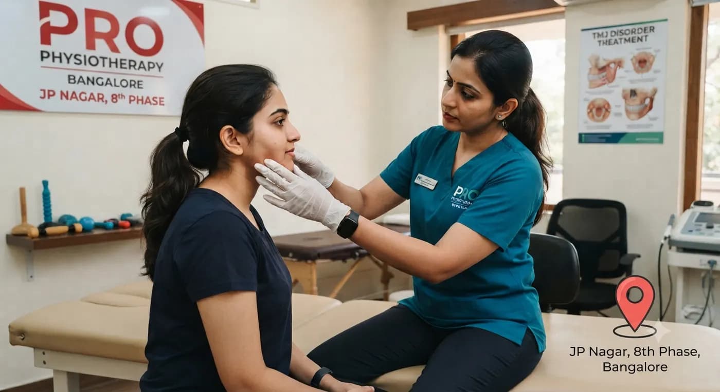 TMJ Physiotherapy in Bangalore — Pro Physiotherapy JP Nagar 8th Phase clinic, female MPT physiotherapist performing gloved intra-oral and extra-oral jaw joint assessment on a seated female patient with clicking, lockjaw and temporomandibular joint pain, TMJ disorder treatment poster in background