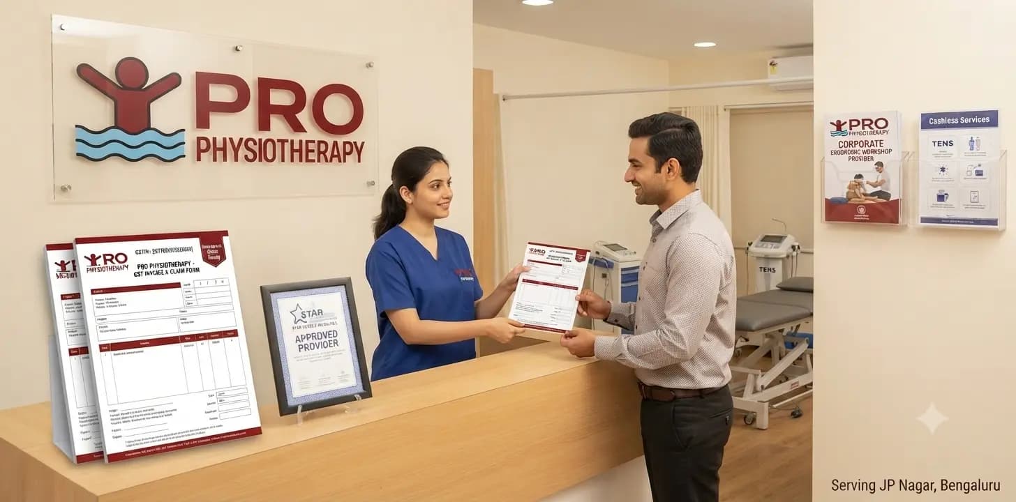 Pro Physiotherapy Insurance-Compliant Cashless Rehab — Star Health Approved · JP Nagar Mediclaim reimbursable physiotherapy clinic JP Nagar — Pro Physiotherapy Star Health insurance approved physical therapy Bengaluru, cashless corporate wellness ergonomic workshop provider, GST invoice physiotherapy documentation for insurance claim, JP Nagar 8th Phase 560076, sessions from ₹600, insurance receipt provided
