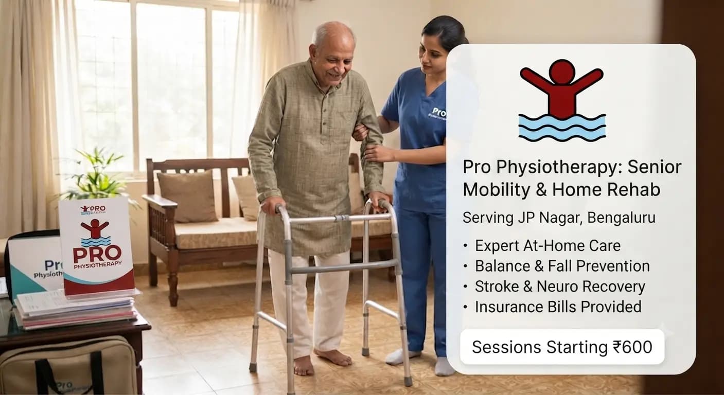 Pro Physiotherapy Parkinson's & Geriatric Balance Home Rehab · Koramangala · HSR · JP Nagar Parkinsons disease mobility physiotherapist home visit Bangalore — Pro Physiotherapy JP Nagar clinical photograph of a senior citizen using a walker with a female physiotherapist performing specialized in-home Parkinson's and geriatric gait and balance rehabilitation, LSVT-BIG large-amplitude training, freezing-of-gait rhythmic cueing, Otago strength-and-balance drills, and elderly balance and fall prevention physiotherapy for seniors in Koramangala, HSR Layout, Whitefield and JP Nagar 8th Phase, sessions from ₹600, insurance receipt provided