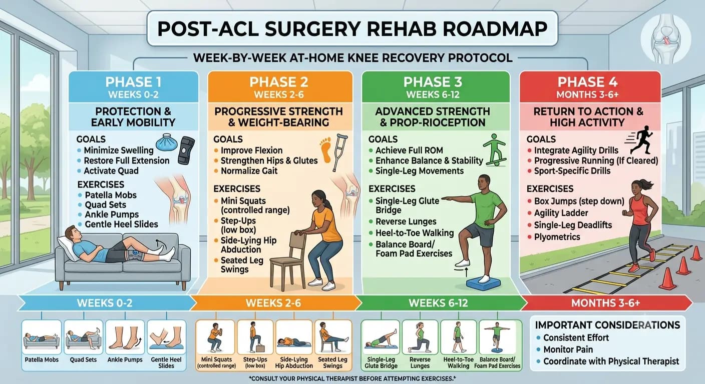 Pro Physiotherapy Post-ACL Surgery Week-by-Week Home Rehab Roadmap · HSR · Indiranagar · Whitefield · JP Nagar Post-ACL surgery home physiotherapy protocol Bangalore — Pro Physiotherapy JP Nagar 4-phase week-by-week ACL reconstruction rehabilitation roadmap infographic showing Weeks 0–2 protection with patella mobilisation and quad sets, Weeks 2–6 progressive strengthening with single-leg glute bridge, Weeks 6–12 proprioception on an agility ladder, and Months 3–6+ return-to-sport with plyometric jump training, in-home visits across HSR Layout, Indiranagar, Whitefield, Koramangala and JP Nagar 8th Phase, transparent package cost, sessions from ₹600, insurance bill provided