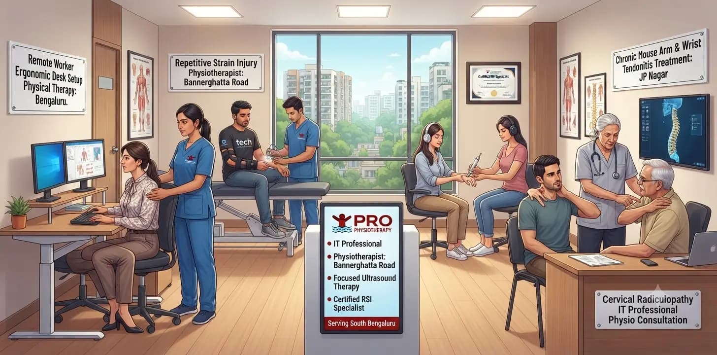 Pro Physiotherapy Tech-Neck & RSI Clinic — IT Professional Rehab · Bannerghatta Road · JP Nagar Repetitive Strain Injury physiotherapist Bannerghatta Road — Pro Physiotherapy IT professional clinic treating remote worker ergonomic desk setup, chronic mouse arm wrist tendonitis, cervical radiculopathy consultation in JP Nagar 8th Phase Bengaluru, ultrasound therapy, certified RSI specialist, GST-billed corporate wellness rehab