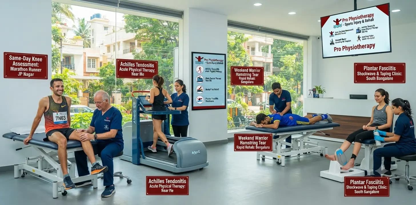 Pro Physiotherapy Sports Triage — Same-Day Runner, Achilles, Hamstring, Plantar Rehab · South Bengaluru Same-day marathon runner knee injury assessment JP Nagar — Pro Physiotherapy weekend warrior sports triage clinic, achilles tendonitis acute physical therapy near me, weekend warrior hamstring tear rapid rehab Bengaluru, plantar fasciitis shockwave and taping clinic South Bangalore, sessions from ₹600, insurance receipt provided