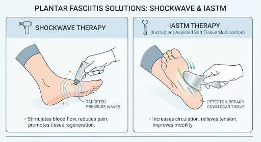 Plantar Fasciitis Shockwave & IASTM Therapy — Advanced Heel-Pain Solutions Bangalore Plantar fasciitis shockwave and IASTM therapy Bangalore infographic — side-by-side illustration of extracorporeal shockwave therapy (ESWT) targeting the plantar fascia with focused pressure waves to stimulate blood flow, reduce heel pain and promote tissue regeneration, next to Instrument-Assisted Soft Tissue Mobilization (IASTM / Graston / M2T) detecting and breaking down fascial scar tissue to increase circulation, relieve tension and restore foot mobility, prescribed by Pro Physiotherapy JP Nagar 8th Phase for chronic morning heel pain across HSR Layout, Whitefield and South Bengaluru