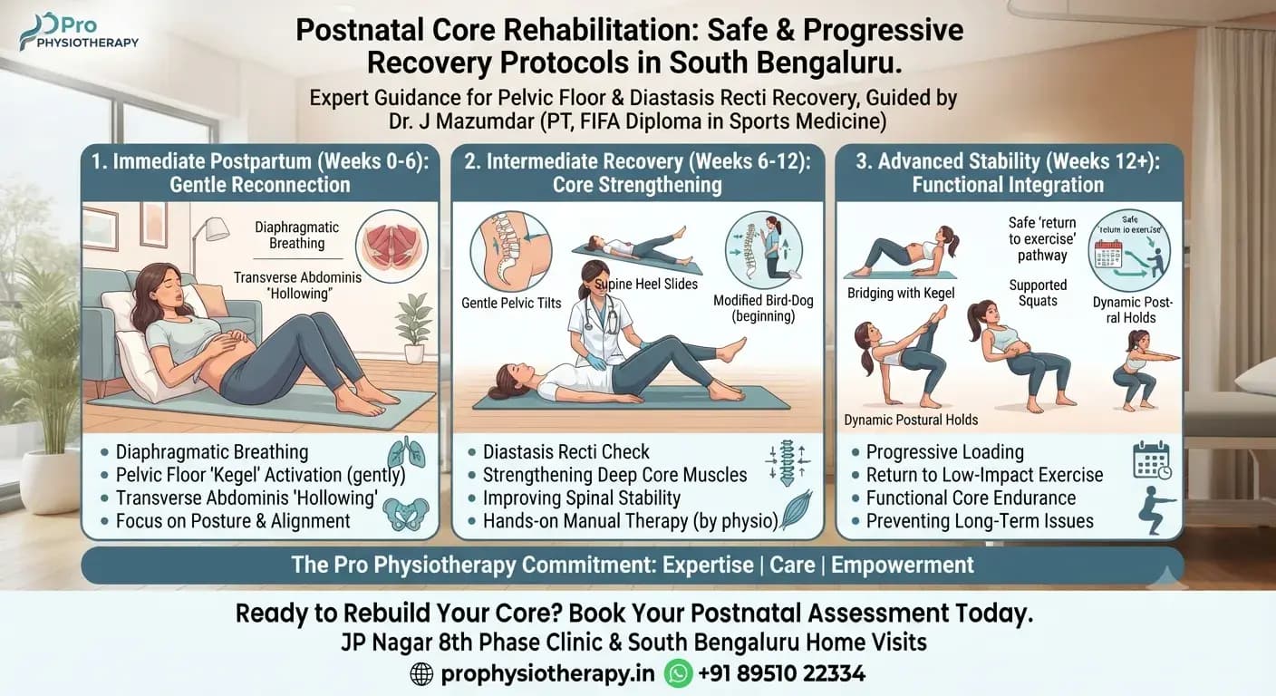 Postnatal Core Rehabilitation — Safe & Progressive 3-Phase Recovery Protocols South Bengaluru Postnatal core rehabilitation infographic South Bengaluru — 3-phase diastasis recti recovery protocol showing immediate postpartum weeks 0-6 gentle reconnection (diaphragmatic breathing, pelvic floor Kegel activation, transverse abdominis hollowing), intermediate weeks 6-12 core strengthening (pelvic tilts, supine heel slides, modified bird-dog) and advanced weeks 12+ functional integration (bridging with Kegel, supported squats, dynamic postural holds) — Pro Physiotherapy JP Nagar 8th Phase & HSR Layout home visits