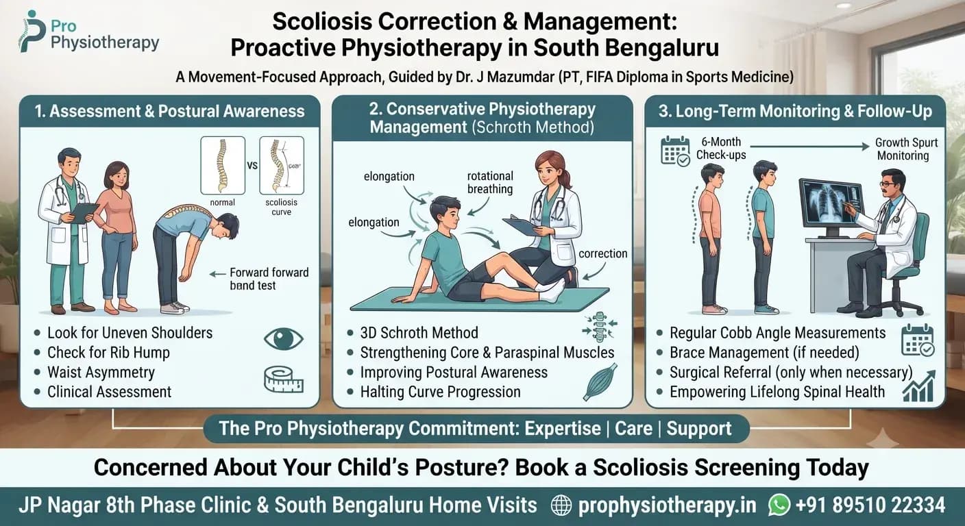 Scoliosis Correction & Management — Proactive 3-Stage Physiotherapy Protocol South Bengaluru Scoliosis correction & management infographic South Bengaluru — 3-stage proactive physiotherapy protocol showing (1) assessment & postural awareness with Adams forward bend test, uneven shoulder / rib hump / waist asymmetry screening, (2) conservative physiotherapy using 3D Schroth Method with rotational breathing, elongation and paraspinal strengthening, and (3) long-term monitoring with 6-month Cobb angle check-ups, brace management and growth-spurt monitoring by Pro Physiotherapy JP Nagar 8th Phase