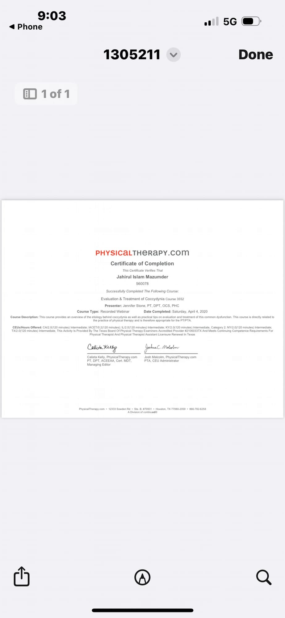 PhysicalTherapy.com CEU certificate — Evaluation and Treatment of Coccydynia (tailbone pain) — Dr J Mazumdar PT Bangalore