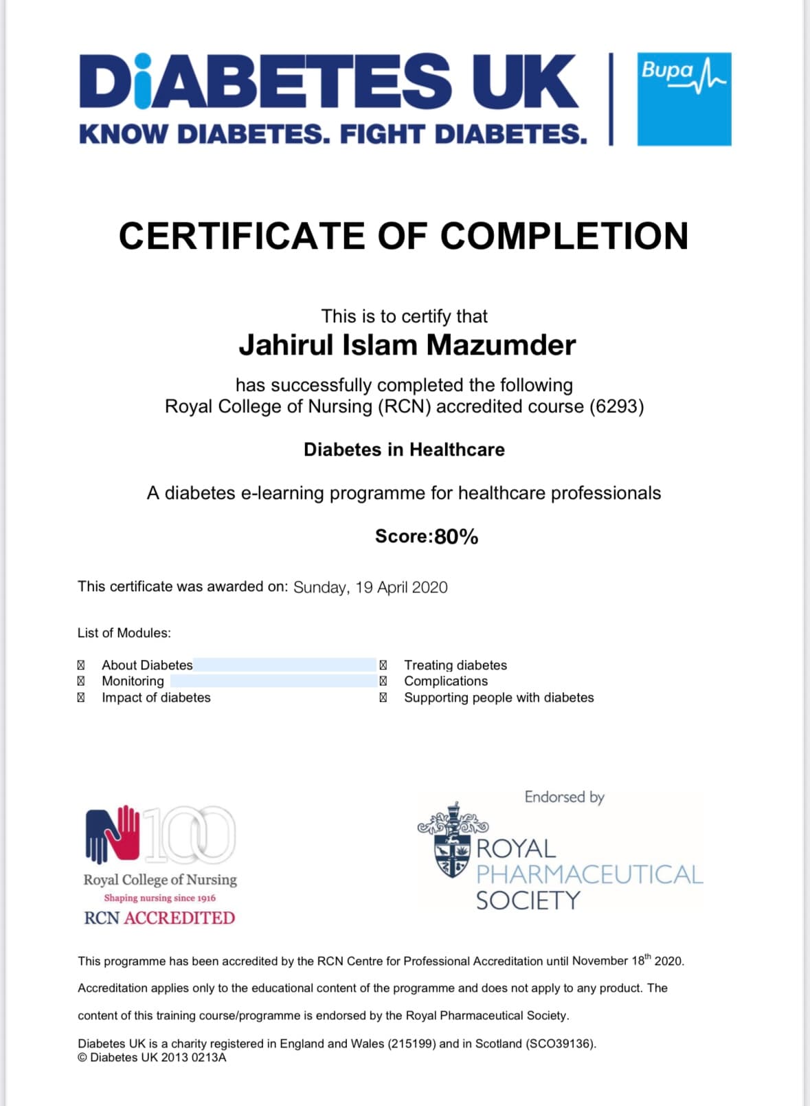 Diabetic neuropathy physiotherapy Bangalore — Diabetes UK RCN-accredited certificate Diabetic neuropathy physiotherapy in Bangalore — Diabetes UK / Royal College of Nursing (RCN) accredited Diabetes in Healthcare certificate held by Dr J Mazumdar PT, Pro Physiotherapy JP Nagar 8th Phase Bengaluru