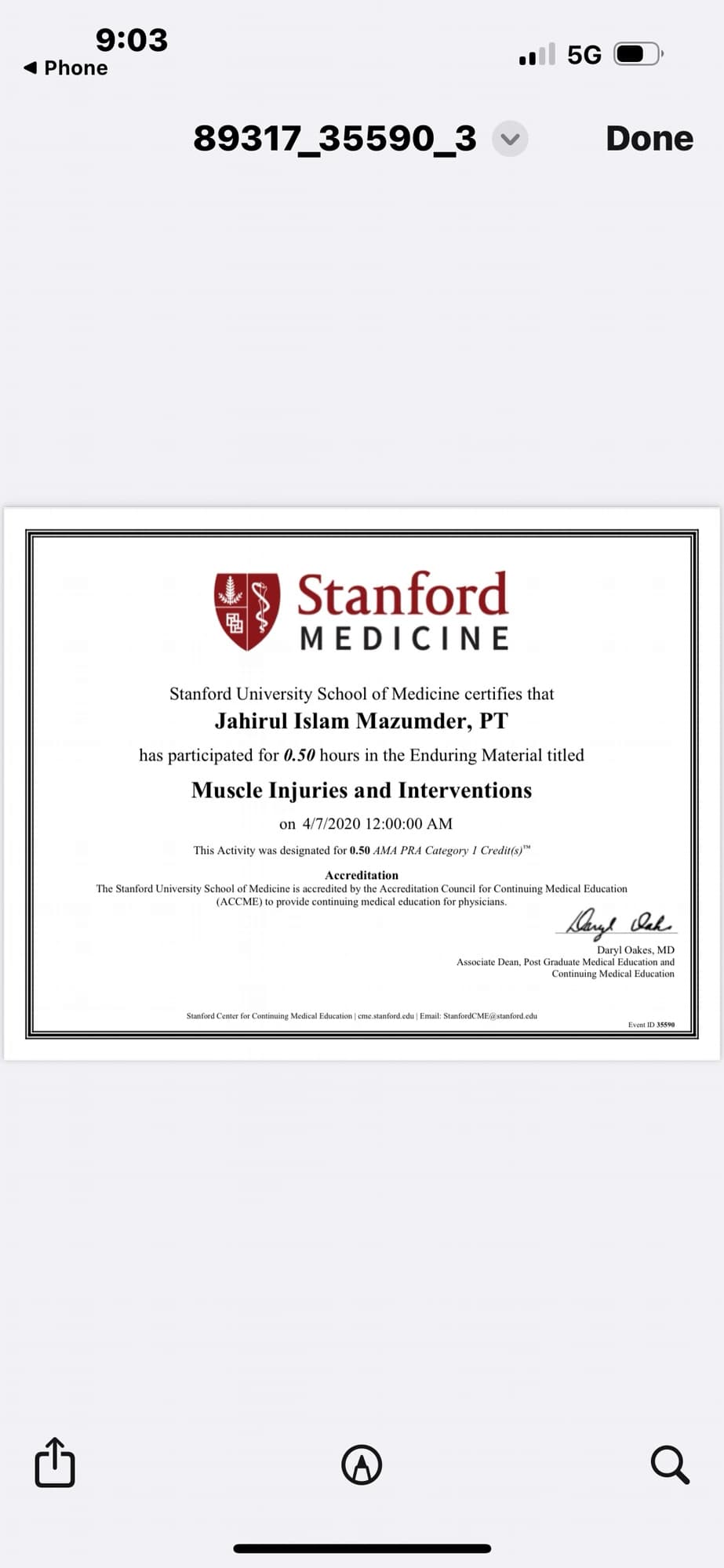 Stanford University School of Medicine CME certificate — Muscle Injuries and Interventions — Dr Jahirul Islam Mazumder PT, Bangalore