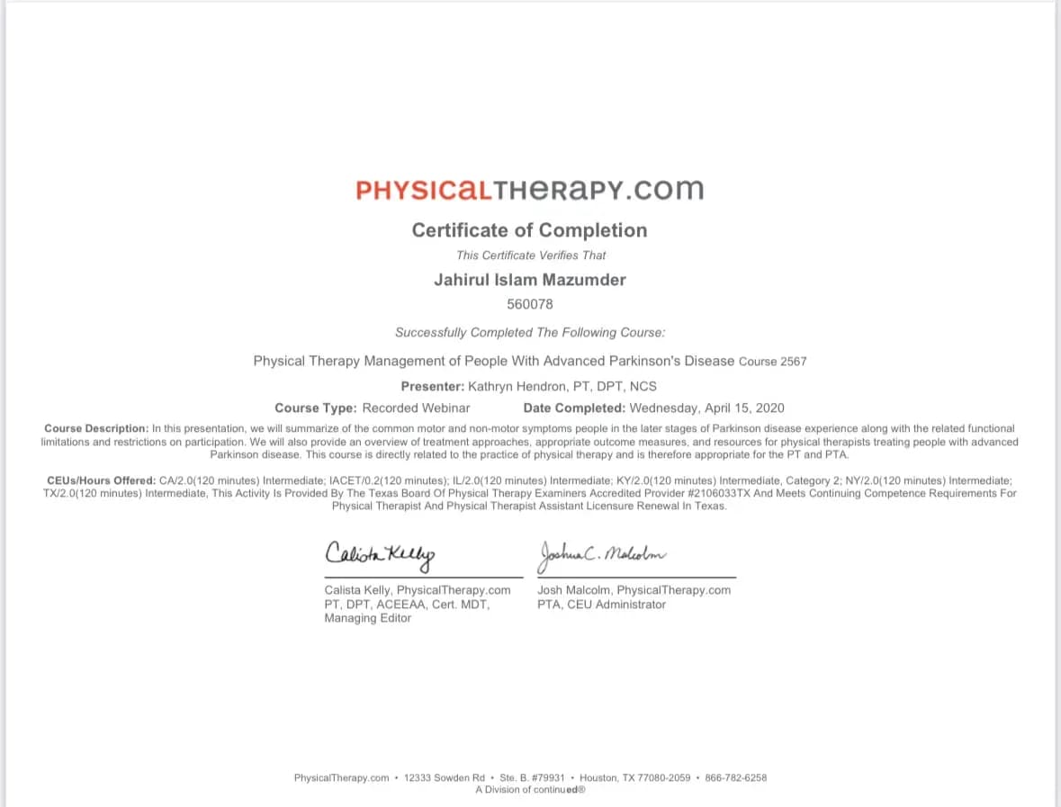 PhysicalTherapy.com CEU certificate — Physical Therapy Management of People With Advanced Parkinson's Disease — Dr J Mazumdar PT Bangalore