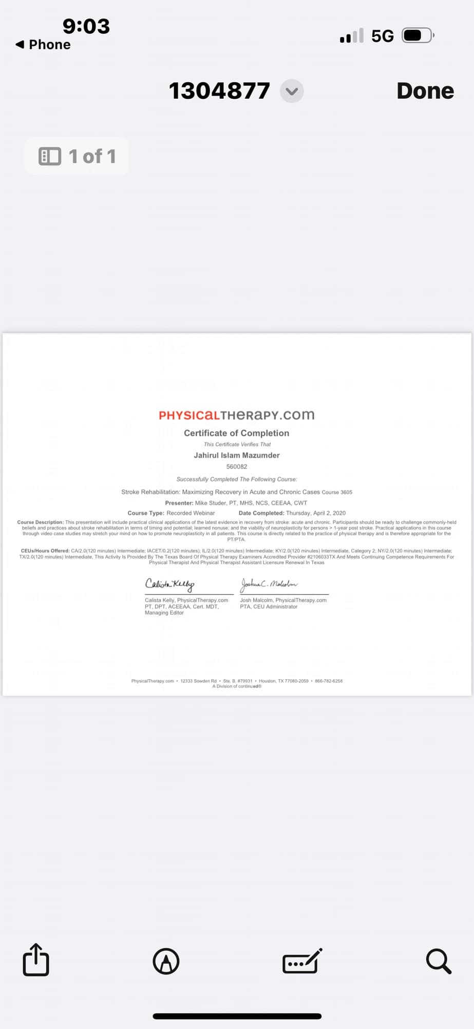 PhysicalTherapy.com CEU certificate — Stroke Rehabilitation Maximizing Recovery in Acute and Chronic Cases — Dr J Mazumdar PT Bangalore
