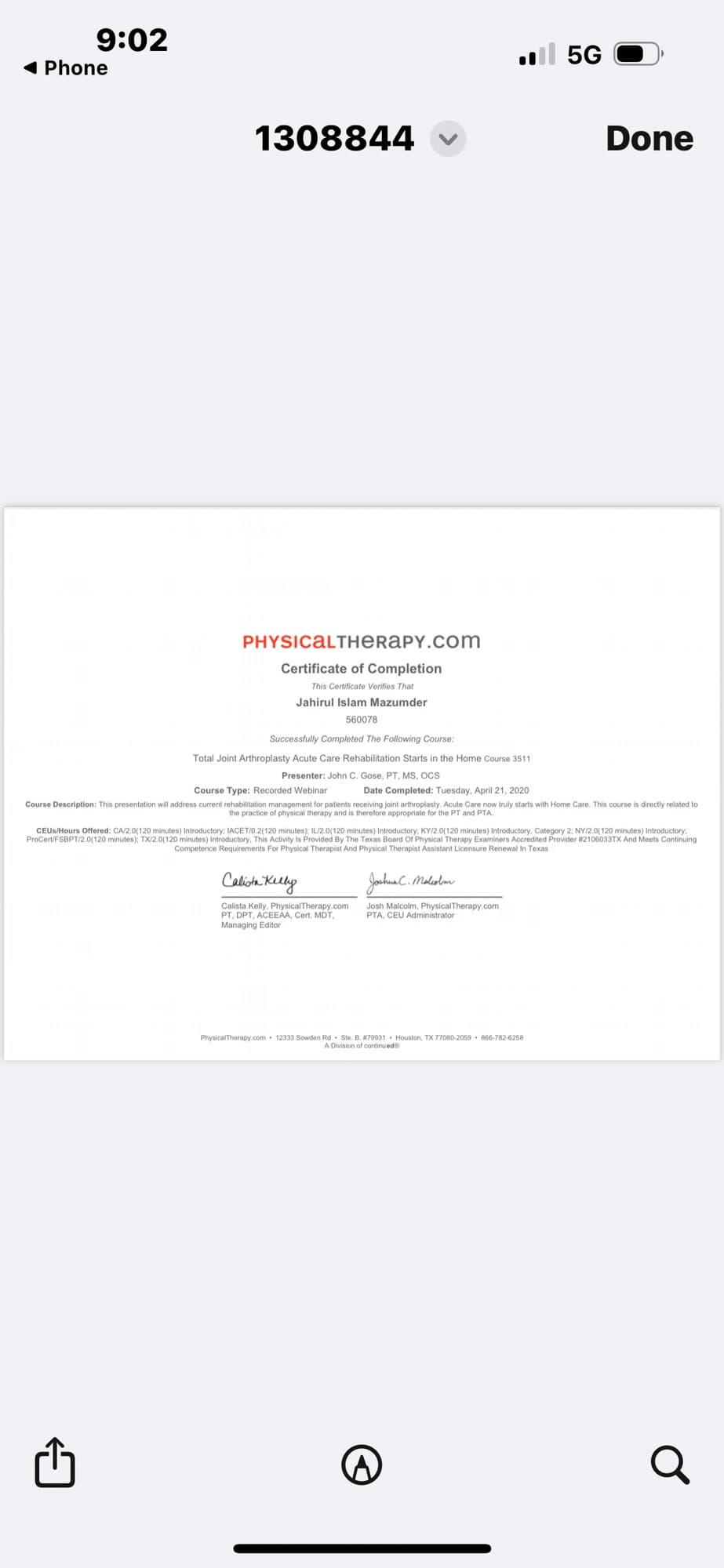 PhysicalTherapy.com CEU certificate — Total Joint Arthroplasty Acute Care Rehabilitation Starts in the Home — Dr J Mazumdar PT Bangalore