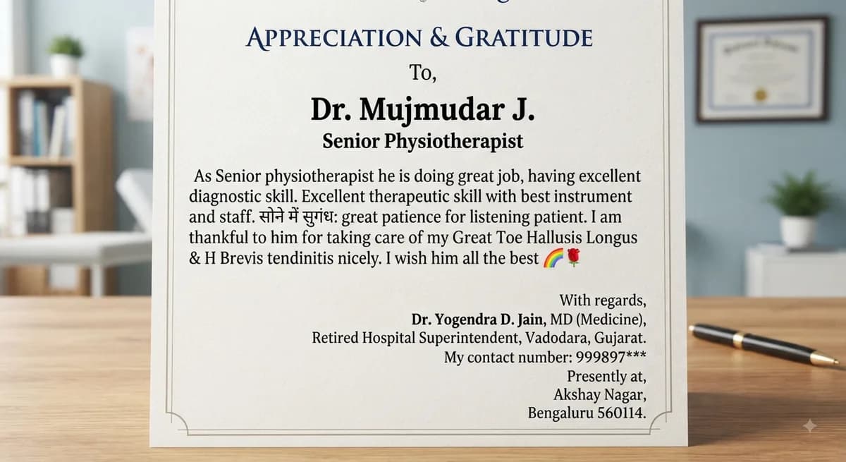 Dr. Yogendra Jain Medical Appreciation Certificate - Pro Physiotherapy Dr. Yogendra D. Jain appreciating Dr. J. Mazumdar, Senior Physiotherapist at Pro Physiotherapy Bengaluru for treating Great Toe Hallux Longus and H. Brevis tendinitis.