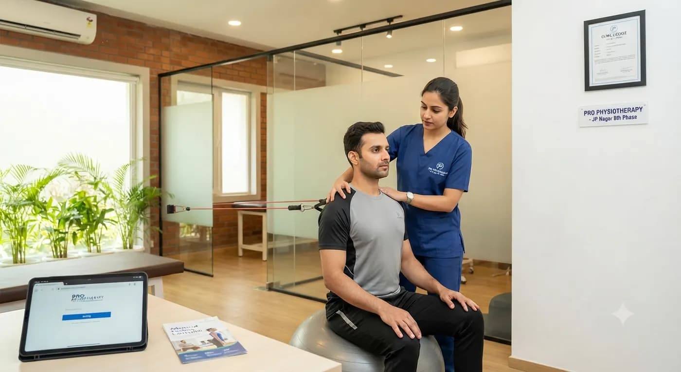 Advanced Postural Correction Session — Pro Physiotherapy JP Nagar 8th Phase Bengaluru Advanced Postural Correction session at Pro Physiotherapy JP Nagar 8th Phase Bengaluru — female MPT physiotherapist assessing upper-cross shoulder alignment on a male IT professional patient seated on a Swiss ball, clinical rehabilitation room with resistance-band anchor at Royal Lakefront Residency Layout Jambusavari Dinne Main Road Gottigere clinic