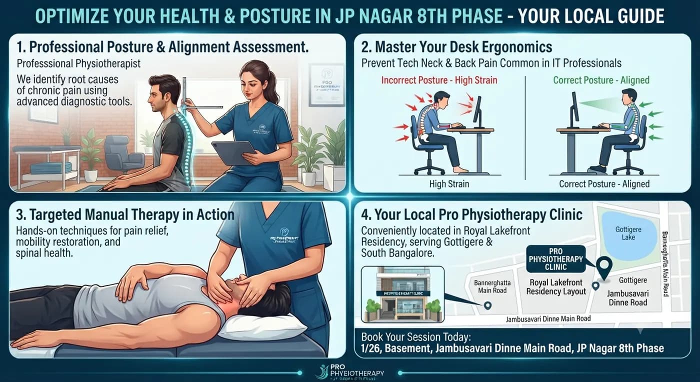 JP Nagar 8th Phase Local Posture Guide — Pro Physiotherapy Bengaluru Optimize Your Health and Posture in JP Nagar 8th Phase — local guide infographic from Pro Physiotherapy Bengaluru showing professional posture and alignment assessment, desk ergonomics for IT professionals, targeted manual therapy in action, and clinic location map at Royal Lakefront Residency Layout Jambusavari Dinne Main Road serving Gottigere and Bannerghatta Road