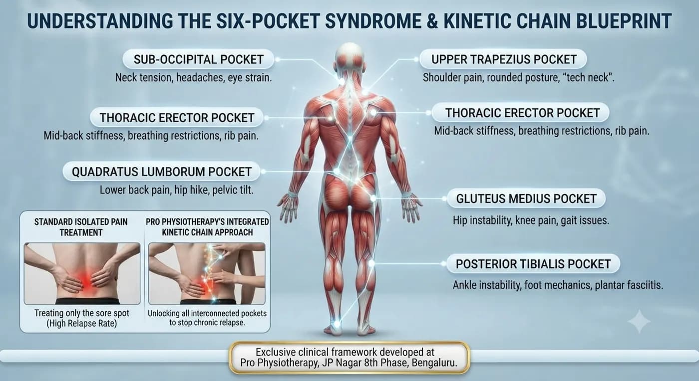 Six-Pocket Syndrome & Kinetic Chain Blueprint — Pro Physiotherapy JP Nagar Bengaluru Understanding the Six-Pocket Syndrome and Kinetic Chain Blueprint — exclusive clinical framework developed at Pro Physiotherapy JP Nagar 8th Phase Bengaluru, mapping sub-occipital, upper trapezius, thoracic erector, quadratus lumborum, gluteus medius and posterior tibialis pockets that drive chronic musculoskeletal pain, tech neck, low back pain, hip instability and plantar fasciitis
