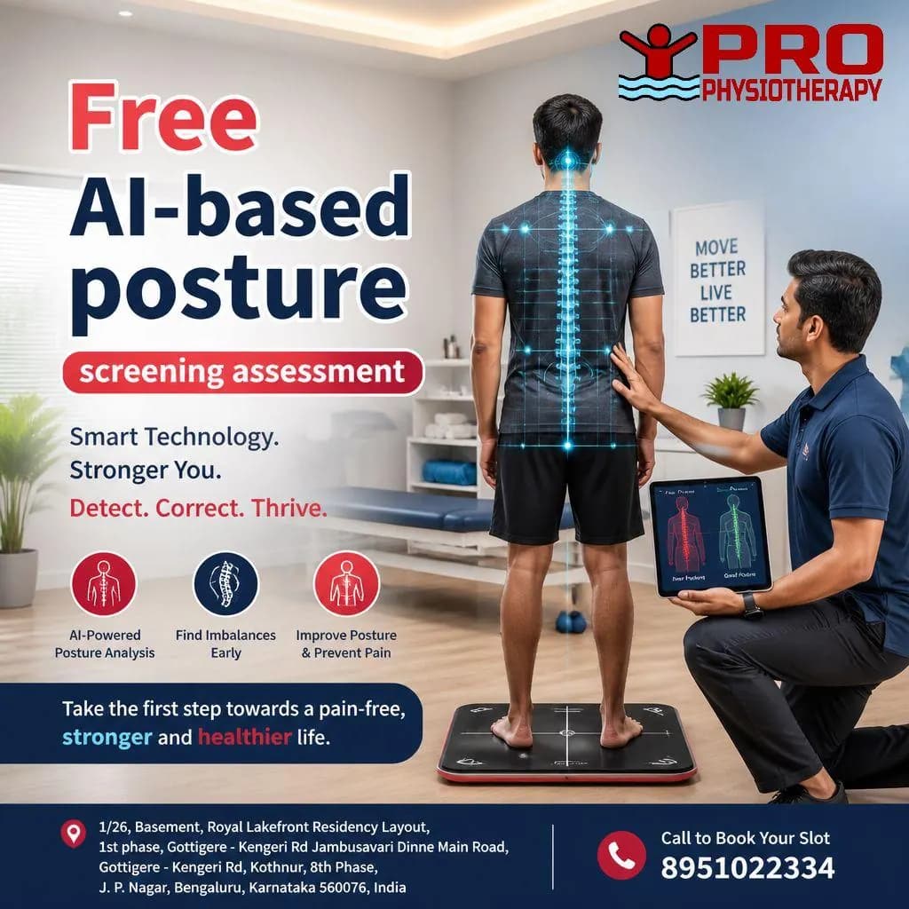 Free AI Posture Screening in Bangalore | 6-Point Instant Spine Report | Pro Physiotherapy JP Nagar Free AI-based posture screening assessment in Bangalore — Pro Physiotherapy JP Nagar 8th Phase clinic, AI-powered posture analysis with computer-vision landmark detection, forward-head-posture, rounded-shoulder and pelvic-tilt early detection, in-clinic screening session for Bengaluru IT professional, book on 8951022334 for zero-cost 5-minute report