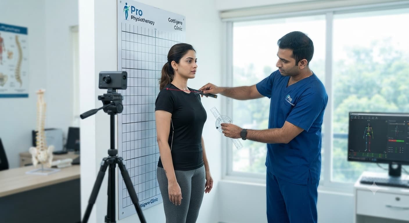 Text neck syndrome treatment Bangalore — postural retraining Text neck syndrome treatment Bangalore — cervical postural assessment with goniometer at Pro Physiotherapy Gottigere Clinic