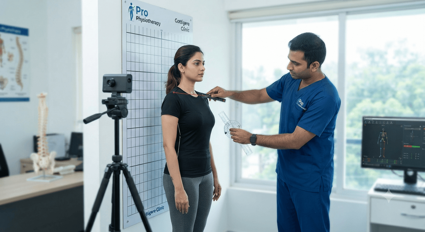 Ergonomic workspace consultation Bangalore — corporate WFH audit Ergonomic workspace consultation Bangalore — physiotherapist using posture camera and goniometer for WFH assessment