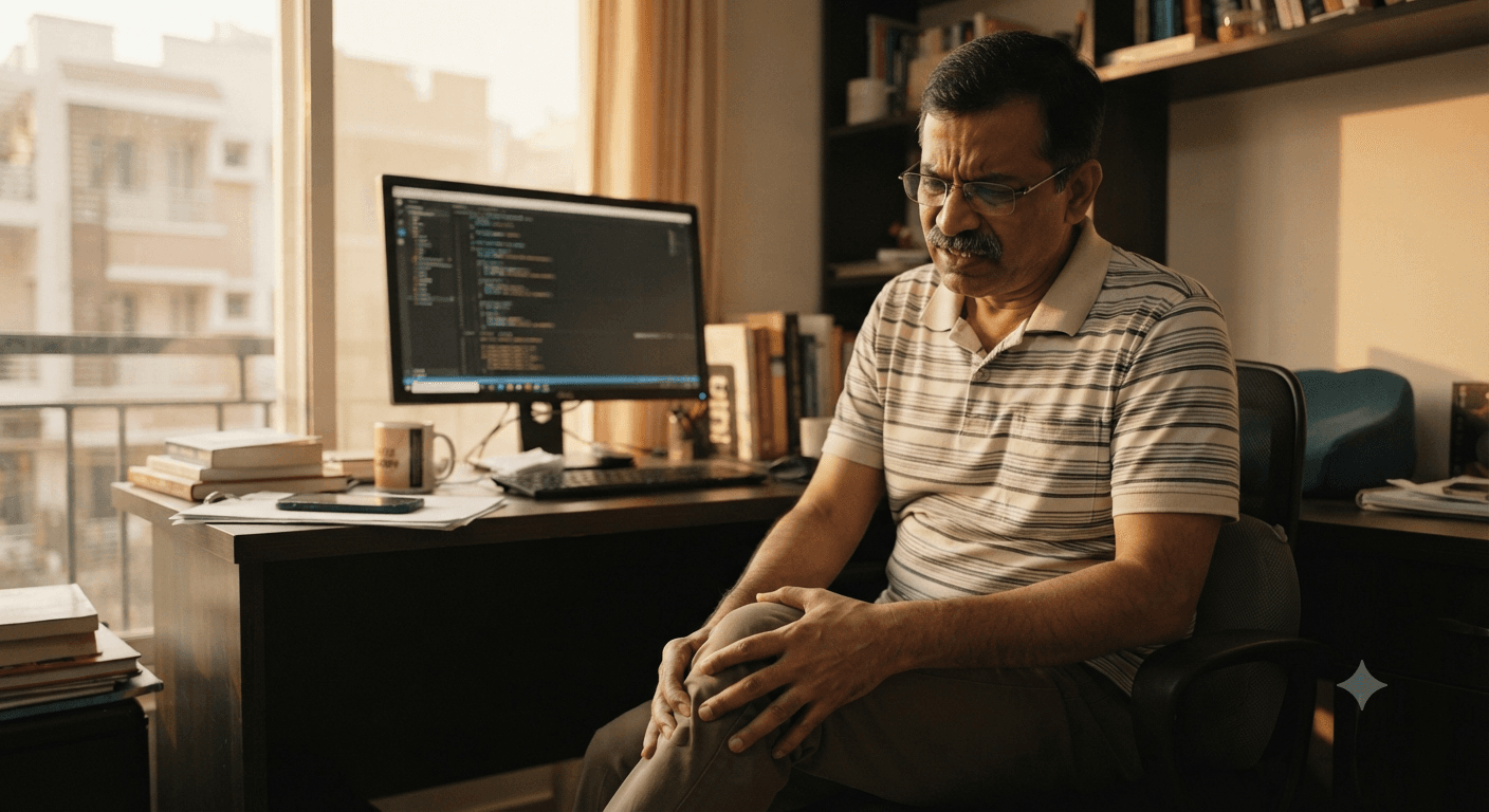 Knee pain physiotherapy near me Bangalore — desk worker with anterior knee pain Middle-aged Bangalore desk worker holding knee in pain looking for knee pain physiotherapy near me Bangalore