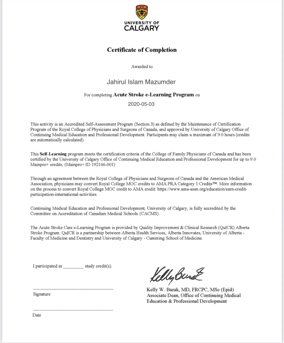 Acute stroke physiotherapy Bangalore — University of Calgary CME certificate Dr J Mazumdar PT
