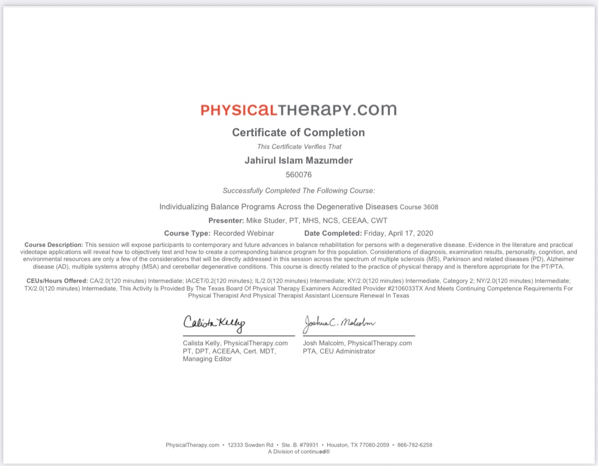 Fall prevention & balance training elderly Bangalore — PhysicalTherapy.com CEU certificate Dr J Mazumdar PT