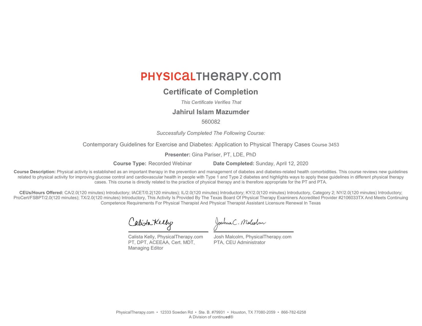 Exercise programme for diabetes & HbA1c control CME certificate — Dr J Mazumdar PT Bangalore