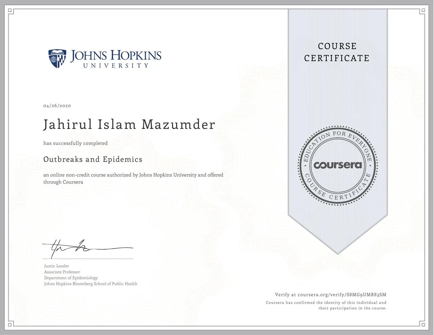 Long COVID physiotherapy Bangalore — Johns Hopkins x Coursera Outbreaks and Epidemics certificate S8MG9UMR83SM Dr J Mazumdar PT post-viral fatigue