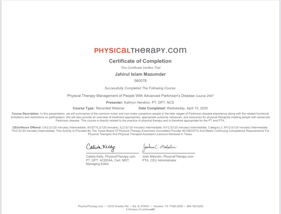 Parkinson's disease physiotherapy in Bangalore — PhysicalTherapy.com CEU certificate Dr J Mazumdar PT