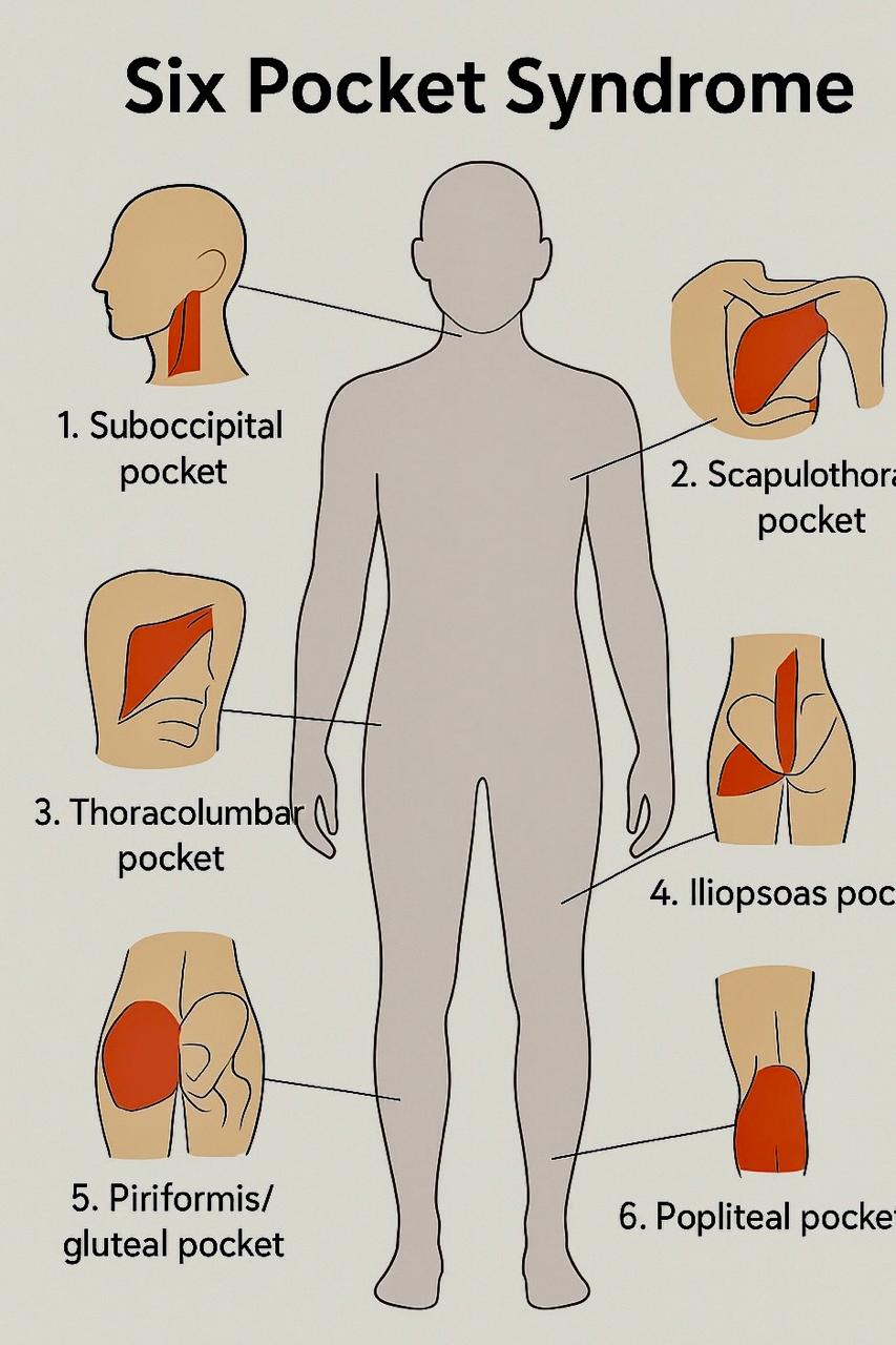 Illustration of Six Pocket Syndrome showing six muscle areas affected: suboccipital pocket, scapulothoracic pocket, thoracolumbar pocket, iliopsoas pocket, piriformis/gluteal pocket, and popliteal pocket.